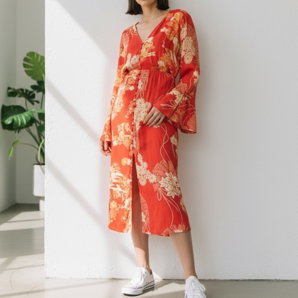 Free People Orange Midi Tie Back Dress Resort Boho Retro Style Floral dress S - Picture 2 of 11